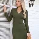 VICHYIE Women Lapel Neck Ribbed Bodycon Tight Fall Dress Long Sleeve Mid Thigh Pencil Above Knee Dresses (Green, S)