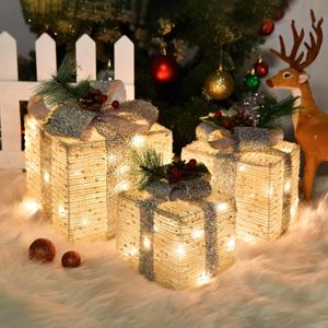 Christmas Lighted Gift Boxes, Pre-lit Lights Gold Linen Cloth Gift Boxes, Light up Present Boxes Set Battery Operated with Different Sizes for Holiday Indoor Outdoor Decorations (Gold Liene)