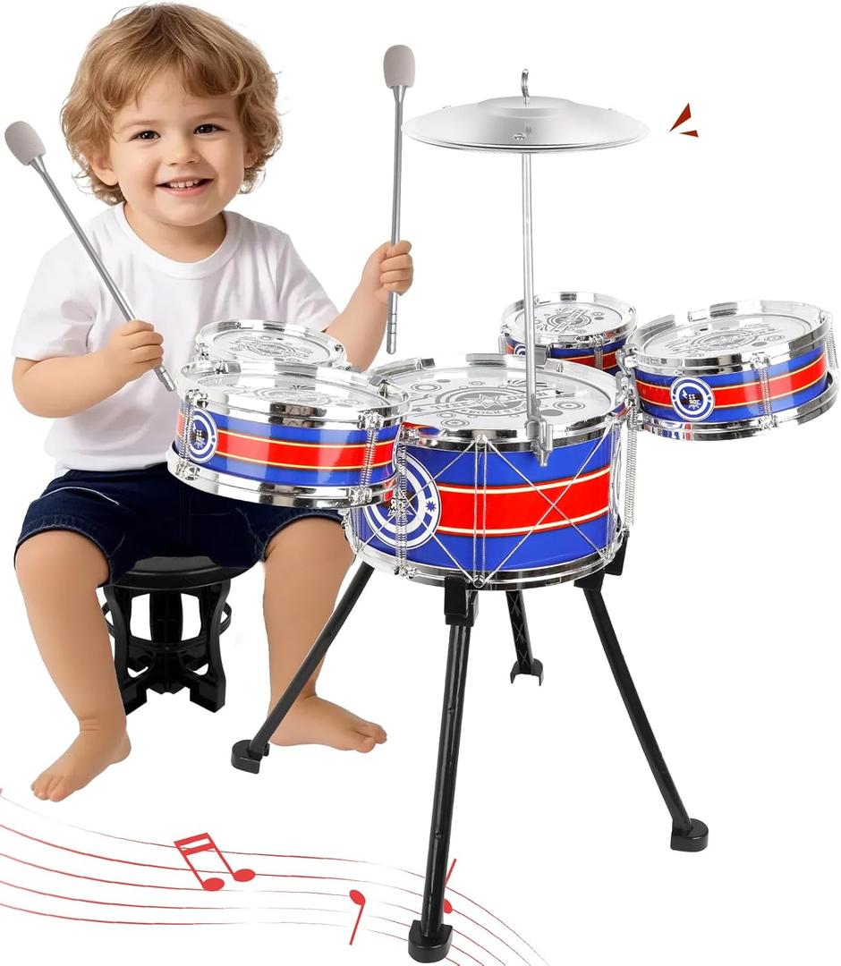 Toy Drum Set for Toddlers Upgrade Drums Kit Kids Jazz Drum Set with Stool, 5 Drums Percussion Musical Instruments Toys for 3 4 5 Year Old Boys Girls Gifts (Blue)