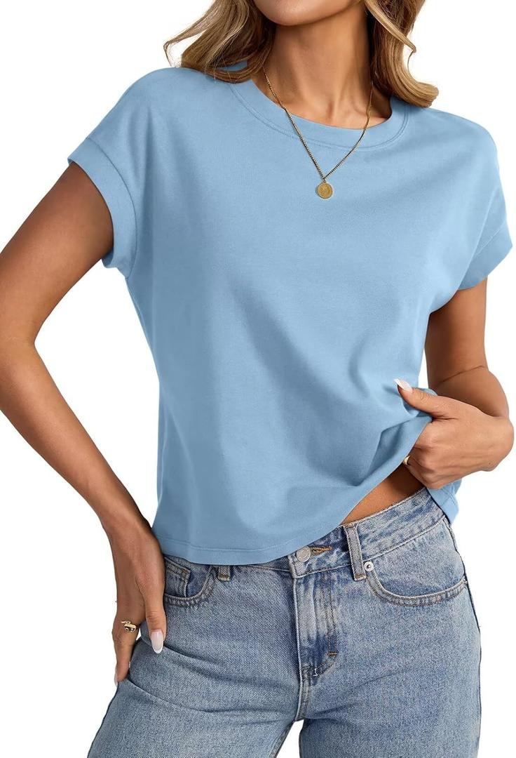 Womens Cap Sleeve Crop Tops Cotton T Shirts Crewneck Loose Fit Short Sleeves Tee Summer Fashion Clothes 2026 (Medium)