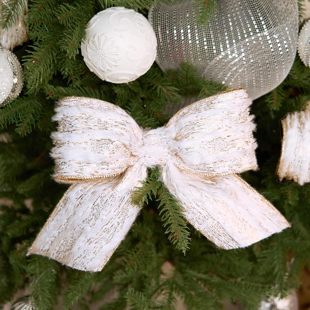 PAPER FAIR 4 Inch Christmas Wired Ribbon for Wreath Crafts, 4'' x 6 Yds (18 Feet), Extra Wide Xmas Wired Metallic Gold Birch Pattern Ivory Faux Fur Ribbon for Garland, Swags