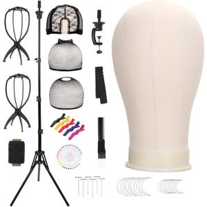 Demides 22'' Canvas Wig Head with 61'' Adjustable Tripod Stand, Mannequin Head Set for Styling, Display – Includes Caps, Elastic Bands, Stand & Tool Kit for Beginners and Professionals, Tripod-beige