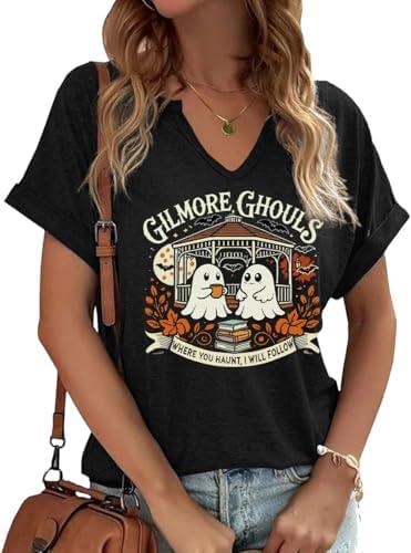 TIXOM Women's Fall Halloween Thanksgiving V Neck Shirt Holiday Funny Family Matching Graphic Tee Casual Autumn Tops M