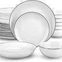 MALACASA 24-Piece Gourmet Porcelain Dinnerware Sets, Modern White with Black Rim Round Dish Set for 6 - Premium Serving Plates and Bowls Sets for Dessert, Salad, Soup, Pasta - Series AMELIA