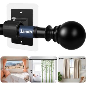 1 Inch Diameter Adhesive Adjustable Curtain Rod No Drilling for Windows 27 to 56",Renter Friendly No Drill Rod with Stick on Bracket, Easy Install No Screw Screwless Apartment Cortineros Para Ventanas (Black)