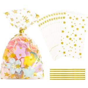100 Pcs Cellophane Treat Bags,4 X 6 Inches Clear Cellophane Bags,100 Twist Ties,for Gift Wrapping,Packaging Candies,Dessert,Bakery, Cookies, Chocolate,Party Favor, Gold Star Printed