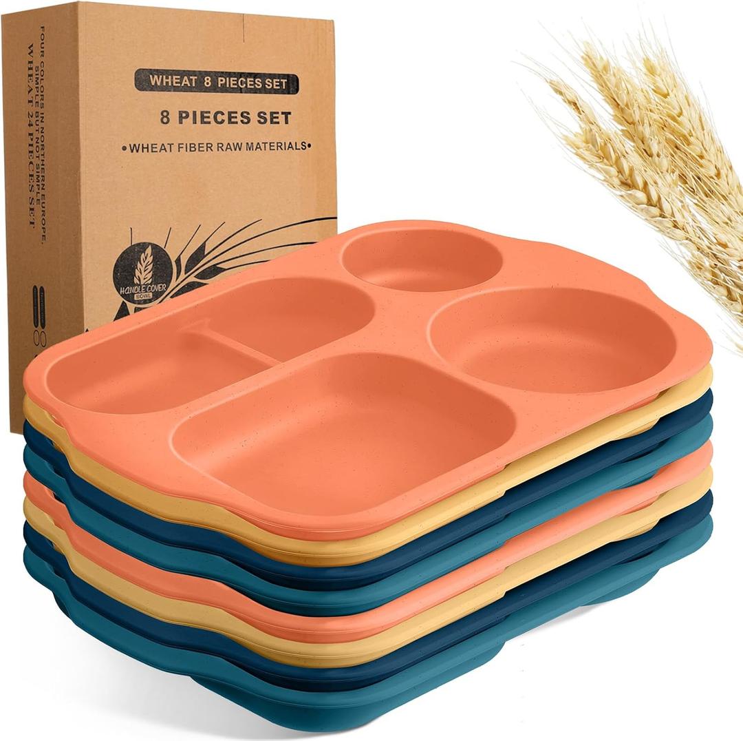 Vesici 8 Pcs Large 12 Inch Unbreakable Divided Plates for Kids Adults - Wheat Straw Tray - Microwave Dishwasher Safe - Reusable Plastic Compartment Plates(Orange, Yellow, Dark Blue, Dark Green)