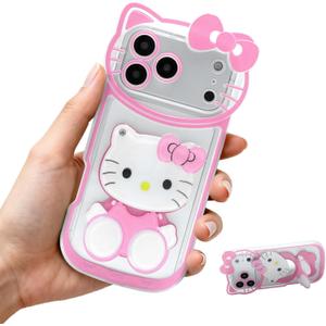 Cartoon Case for iPhone 17 Air 6.5'', Cute Cat Phone Holder Stand with Makeup Mirror, Kawaii Phone Cases, Funny Cool Unique Protective Cover for Women Teen Girls Kids (Pink)
