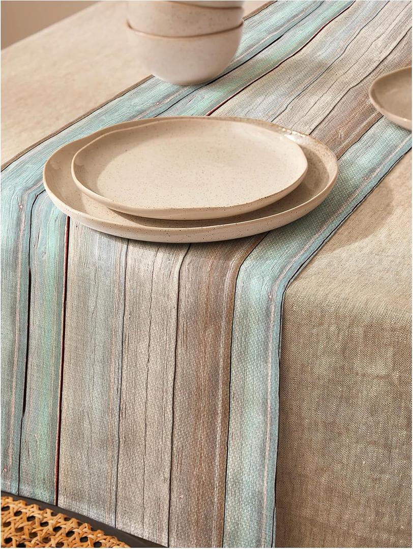 QWINEE Table Runner Farmhouse Wood Grain Pattern Coffee Table Runners Non-Slip Rectangle Table Setting Decor for Farmhouse Party Holiday Dinner Multicolor 13" x 72"
