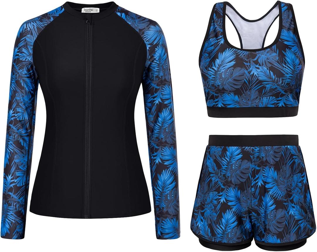 JASAMBAC Women's 3 Piece Rash Guard Long Sleeve Swimsuits with Boyshorts Zip Up UPF 50+ Swim Shirt Built in Bra (Black-blue Palm Leaves- S)