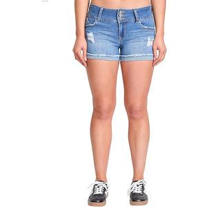 YMI Womens Junior Wannabettabutt 3-Button Mid-Rise Cuffed Hem Lightly Distressed Stretchy Denim Jean Shorts, 7 