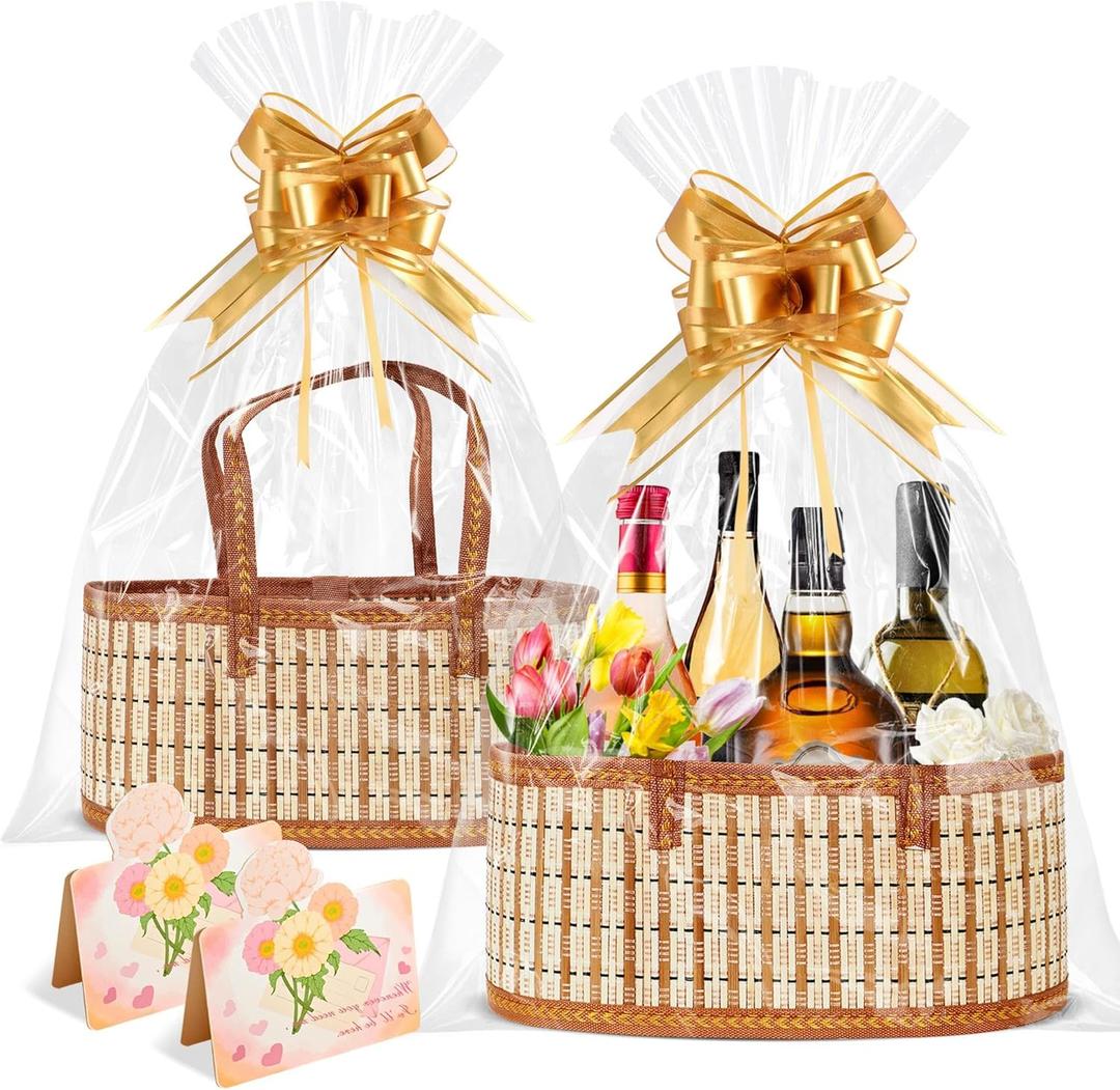 Orchidleaf 2 Set Baskets for Gifts Empty, Gift Empty Bamboo Basket Large, Foldable Woven Gift Basket with Handle for Baby Baptisms, Mother's Day, Christmas, Housewarming