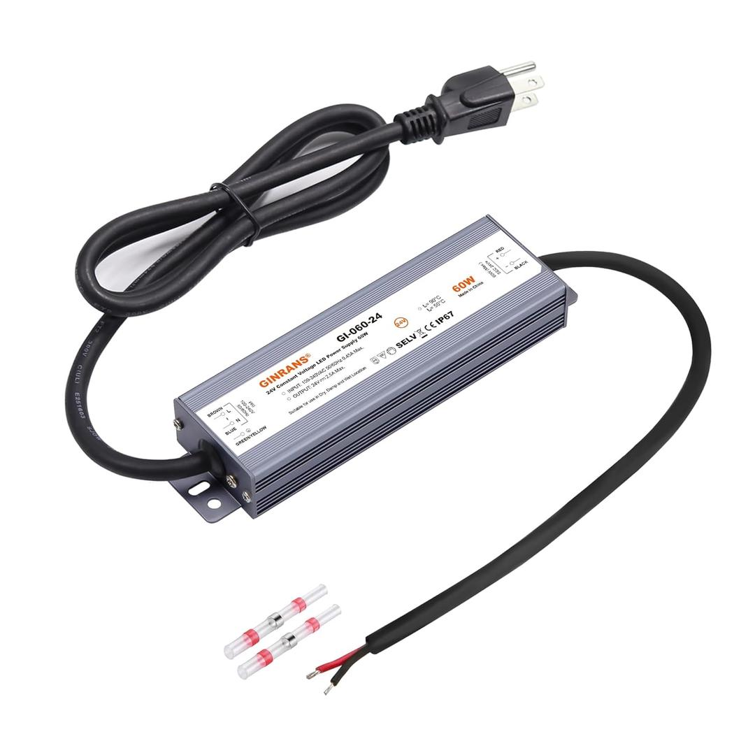 60W IP67 Waterproof Constant Voltage LED Driver Power Supply Transformer, 100-240V AC Universal Input with Plug, Output 24V DC 2.5A Max. for Outdoor LED Lighting