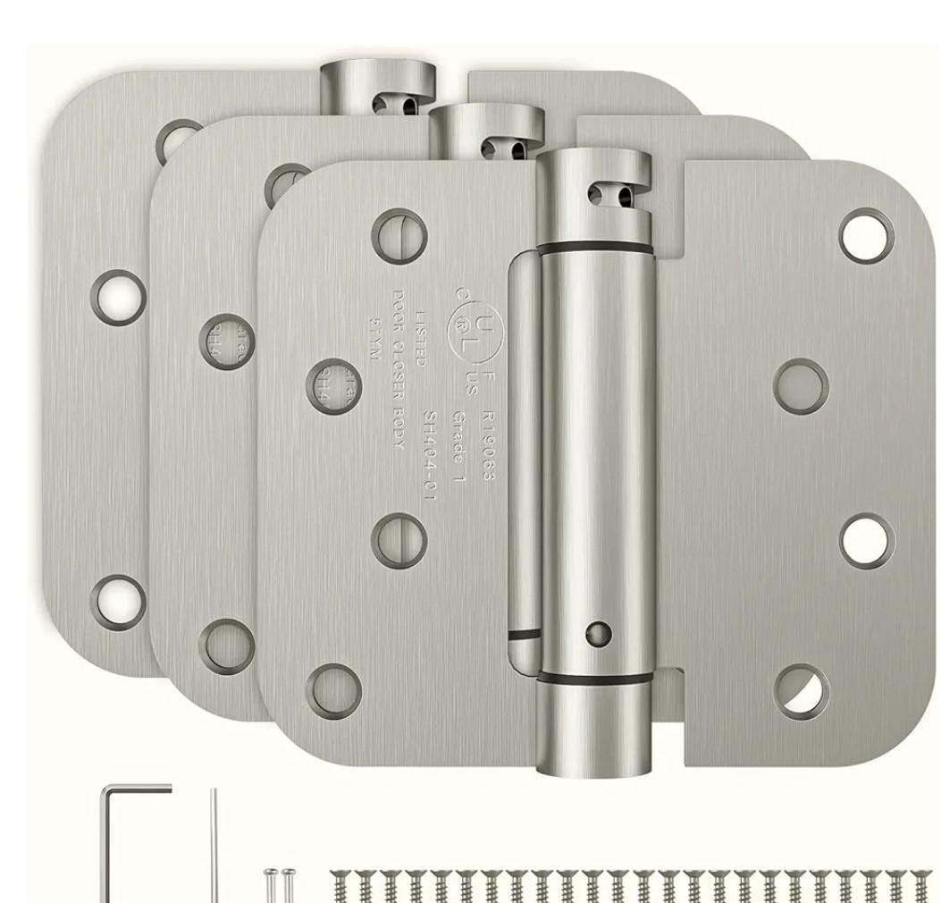 HOSOM Self Closing Door Hinges Brushed Nickel Spring Loaded Hinges 4 Inch Adjustable Tension for Garage, Front Door, Back Door, UL Listed, for Left and Right Hand Door, 5/8'' Radius Corners, 3 Pack