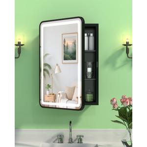 16x24 Inch LED Medicine Cabinet Mirror, Bathroom Mirror with Lights and Storage Wall Mounted & Recessed with Anti-Fog, Dimmable 3 Color Light with Memory, 2 Shelves & 1 Organizer Box, Left Hinge