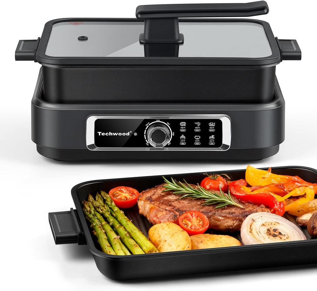Indoor Grill, Techwood Electric Indoor Grill Griddle 7.5-Quart 1500W Versatile Multi-Cooker with 5-Level Heat Settings, Come with Removable Non-stick Grill Pan& Cooking Pot, Dishwasher Safe