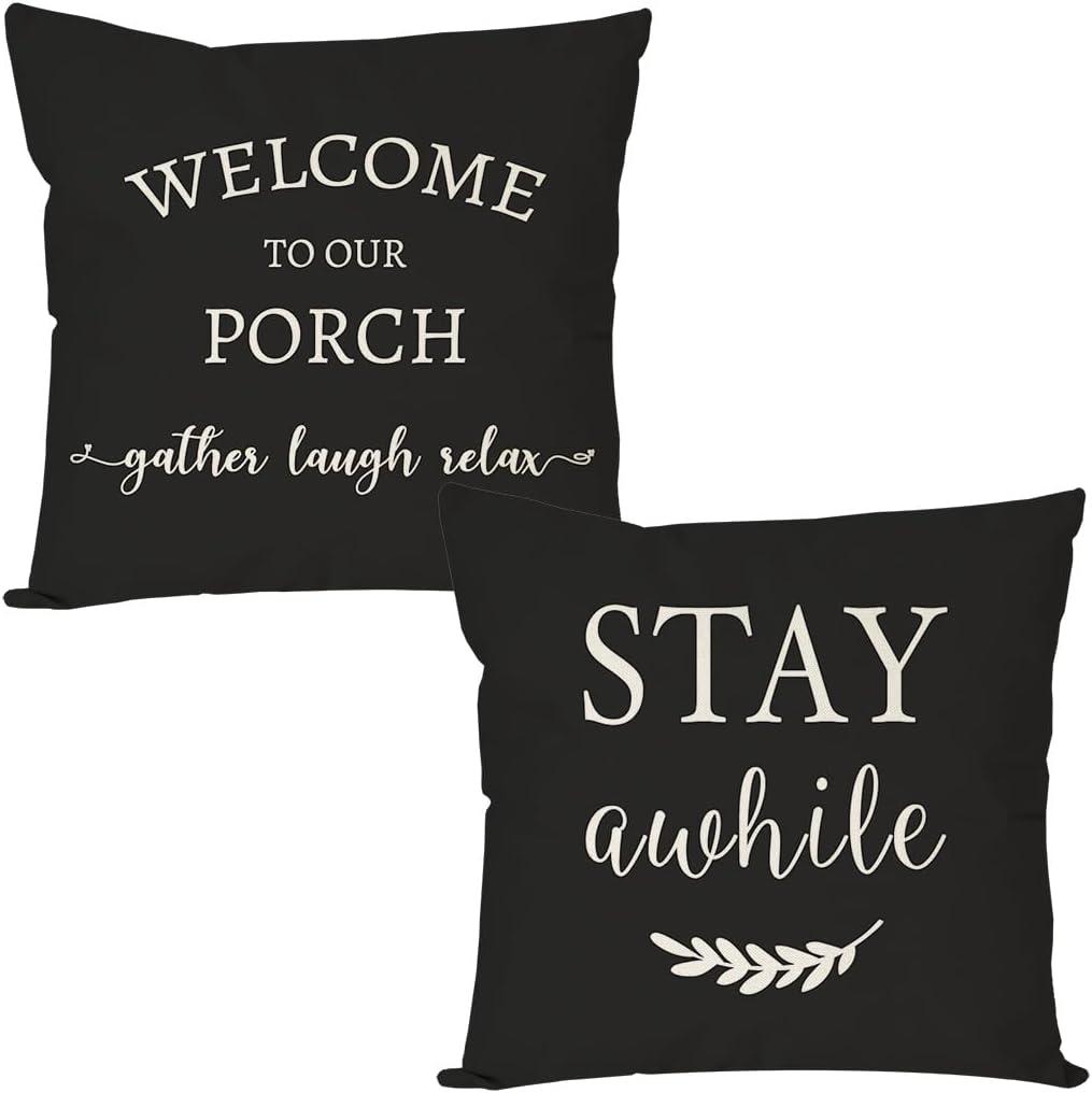 PANDICORN Welcome to Our Porch Stay Awhile Farmhouse Throw Pillow Covers 18x18 Set of 2 Black and White Outdoor Porch Pillows Decorations Decorative Cushion Case for Home Couch Patio Decor
