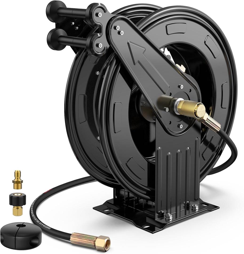 Pressure Washer Hose Reel, 3/8 in x 50 ft Retractable Pressure Washer Reel - Only Reel, 4000 PSI Auto Rewind Heavy Duty Steel Power Wash Hose Reel with 5 ft Lead for Air/Oil/Water