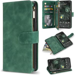 ZZXX for Google Pixel 7 Case Wallet with RFID Blocking Card Slot Premium Soft PU Leather Zipper Flip Folio Wallet with Wrist Strap Kickstand Protective for Google 7(Green 6.3 Inch)