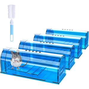 4 Pack Humane Mouse Traps No Kill, Catch and Release Live Mouse Trap Indoor for Home, Reusable Mice Trap Cage with Cleaning Brush(Blue)