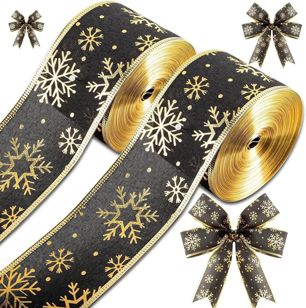 2 Rolls 40 Yards Christmas Snowflake 2.5 Inch Black & Gold Wired Glitter Ribbon for Tree & Party Decoration
