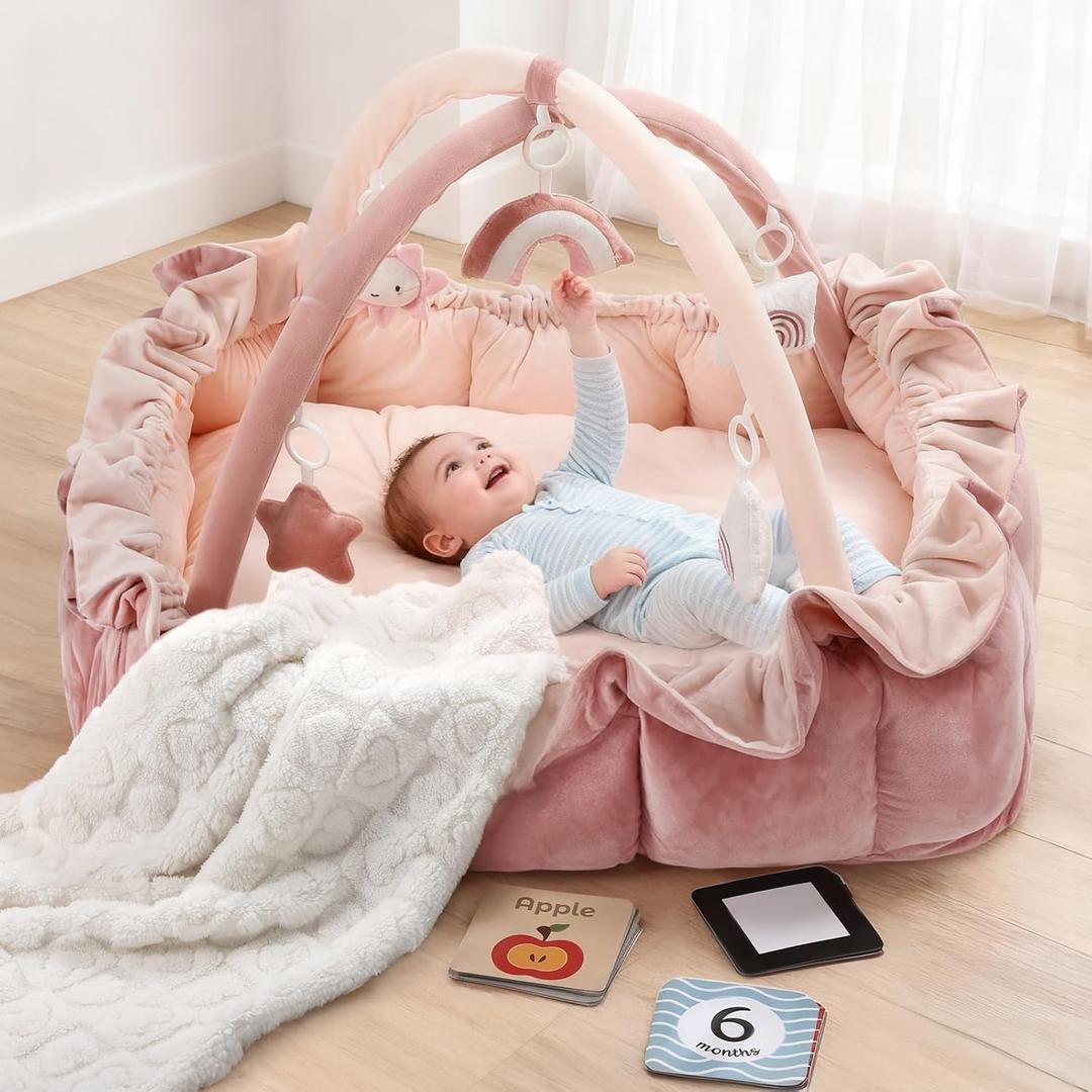 Little Dove 5-in-1 Plush Baby Play Gym, Tummy Time Mat with Blanket and 6 Sensory Toys, Baby Play Mats, Convertible Baby Gym for Sensory Development from Newborn to Toddler, Pink