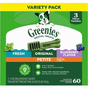 Greenies Veterinarian-Recommended Adult Natural Dental Dog Treats Petite Size, Variety Pack Flavor, (3) 12 oz. Packs, 60 Count (EXP 12/01/26)
