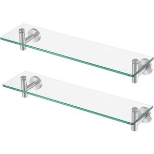KES Bathroom Glass Shelf Rectangular 20-Inch Floating Glass Shelves 2 Pack with Rustproof Stainless Steel Brackets Wall Mounted Brushed Finish, A2021-2-P2