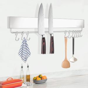 Magnetic Knife Holder for wall, 17 Inch Knife Magnetic Strip with 10 Hooks, Stainless Steel Knife Holder Magnet Rack for Kitchen Organizer, Mount with Adhesive or Screws