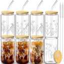 Zubebe 8 Pcs Wildflower Design Beer Glass with Lids and Straw Floral Glasses Boho Iced Coffee Cup Cute Coffee Tumbler Aesthetic Boho Coffee Mug with 2 Cleaning Brushes for Drinking (Clear)