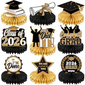 2 x Yisong 9 Pieces 2026 Graduation Party Table Decorations Class of 2026 Congrats Graduation Centerpieces for Tables Congratulate Honeycomb Centerpiece Topper for Grad Party Supplies(Black Gold)