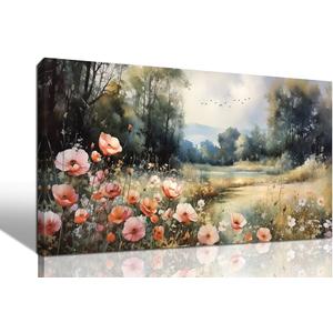 hyidecorart Canvas Wall Art For Living Room Wall Decor For Bedroom Office Decorations Vintage Farmhouse Wildflower Wall Paintings Nature Landscape Picture Artwork Aesthetic Home Decor Ready To Hang