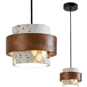 Modern Translucent Stone Pendant Light Fixture,Terrazzo Pendant Lights Kitchen Island with Wood Accent Hanging Light for Dining Room Living Room Bedroom Cafe (1-Pack)