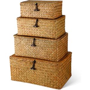Woanger Set of 4 Wicker Storage Baskets OrganizerHandwoven Storage Bins with Lid for Organizing, Home Utility Box for Home Office Supplies Multipurpose Container(Orange)