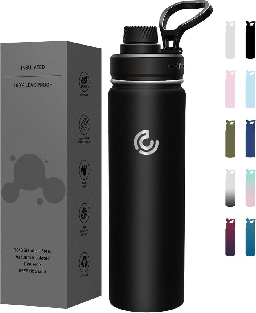 Sports Water Bottle 22oz, Insulated Water Bottle with Handle,Stainless Steel,Simple Modern,Suitable for Travel, School, Boy, Girl(Black)