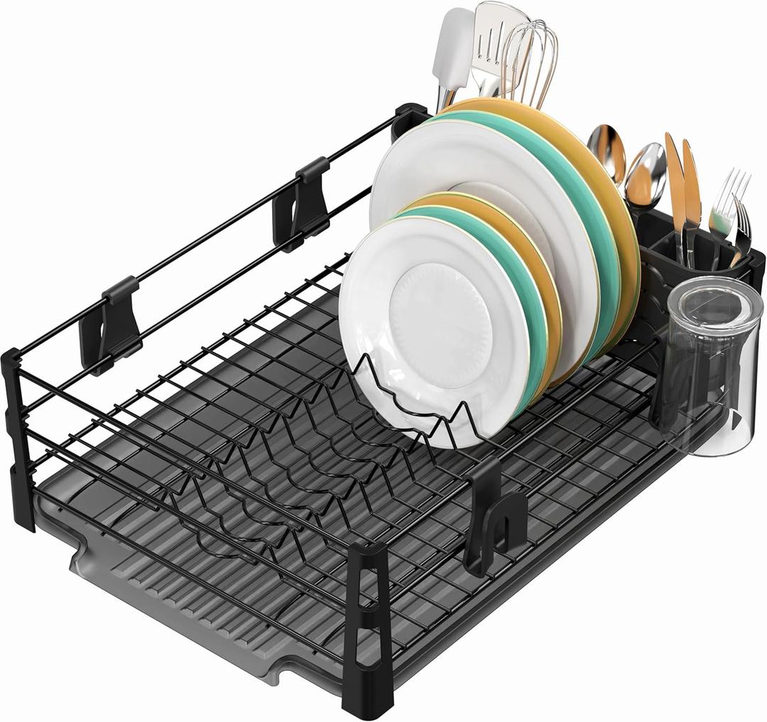 Simple Houseware Dish Drying Rack with Drainboard, Utensil Holder & Mug Hooks, Black Metal Kitchen Counter Organizer