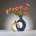 LCCCK Blue and Gold Ceramic Vases for Home Decor, Boho Vase for Flowers Pampas Grass Decorative, Navy Blue Hollow Donut Small Vase for Living Room Table Wedding Centerpiece Modern Vases, 6.7"L x 2"W x 8.6"H