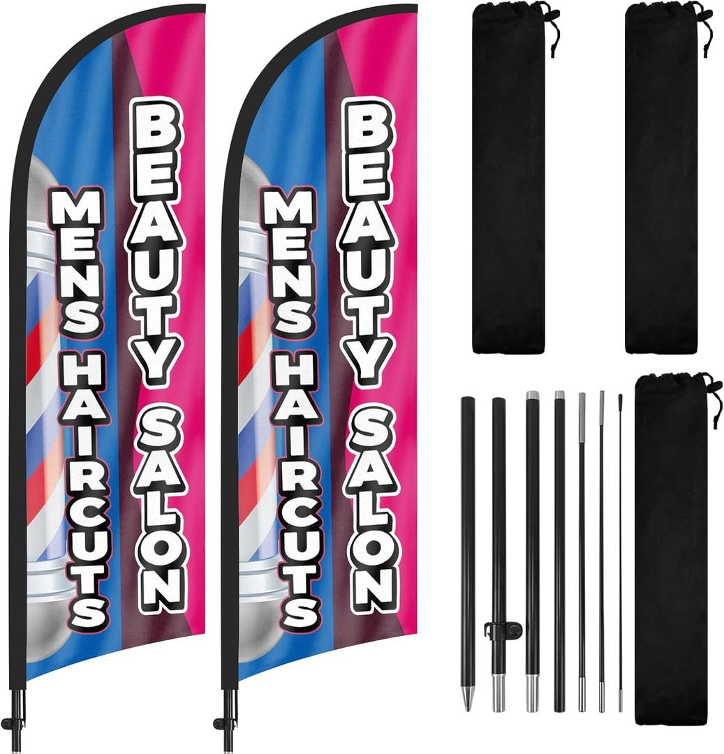 8Ft Barber Shop Feather Flag with Pole Kit 2-Pack, Mens Haircut Beauty Salon Sign Flag Banner, Hair Salon Barber Pole Design for Walk-In Traffic