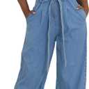 Tbahhir Womens Sleeveless Denim Jumpsuit Bow Tie High Waisted Jumpsuits Wide Leg Romper with Pockets (Large, Blue)