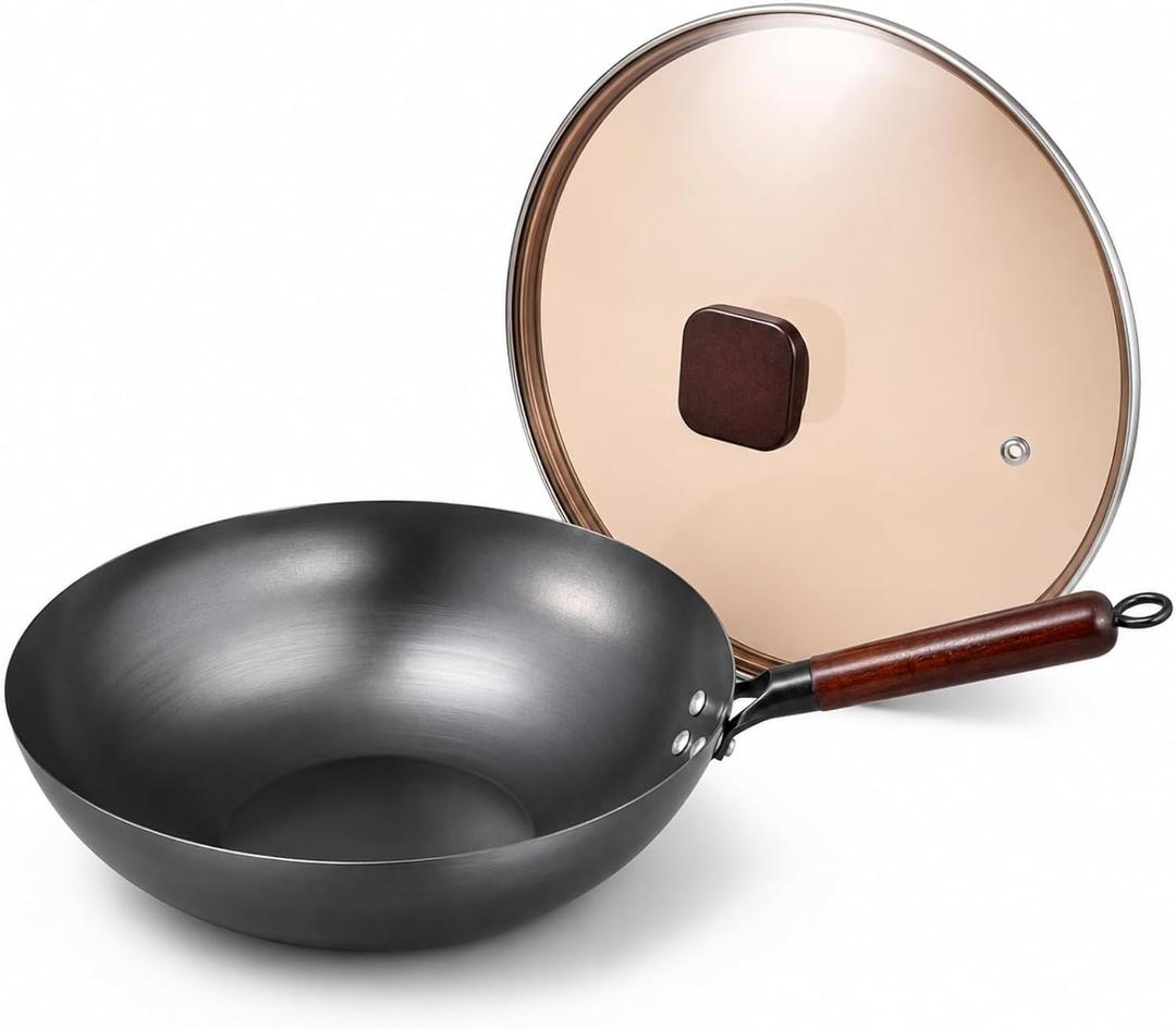 Calmabode 12 Flat Bottom Carbon Steel Wok with Glass Lid | Pre-seasoned nitrided carbon steel, amber glass lid, even heat base, ideal for wok hei, stir-fry and family meals