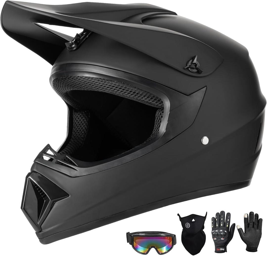 Youth Motorcycle Helmet (Goggles Gloves Face Shield) 4PCS Set, Unisex Dirt Bike Helmets Full Face Helmet, Mountain Bike Motocross Helmets, DOT Approved Helmets (Matte Black, Small) (Black)
