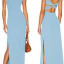 Women Backless Bodycon Maxi Dress High Side Slit Twist Back Tank Dress | Criss Cross Twist Back Clubwear Scoop Neck Evening Party Dress Casual Vacation Beach Sundress Sleeveless Slit Prom Gown (Blue, L)