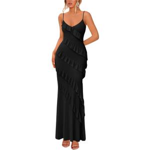 BTFBM Summer Dresses for Women 2026 Spaghetti Strap Bodcyon Solid Cocktail Wedding Guest Dress Fashion Clothing (Black) XS