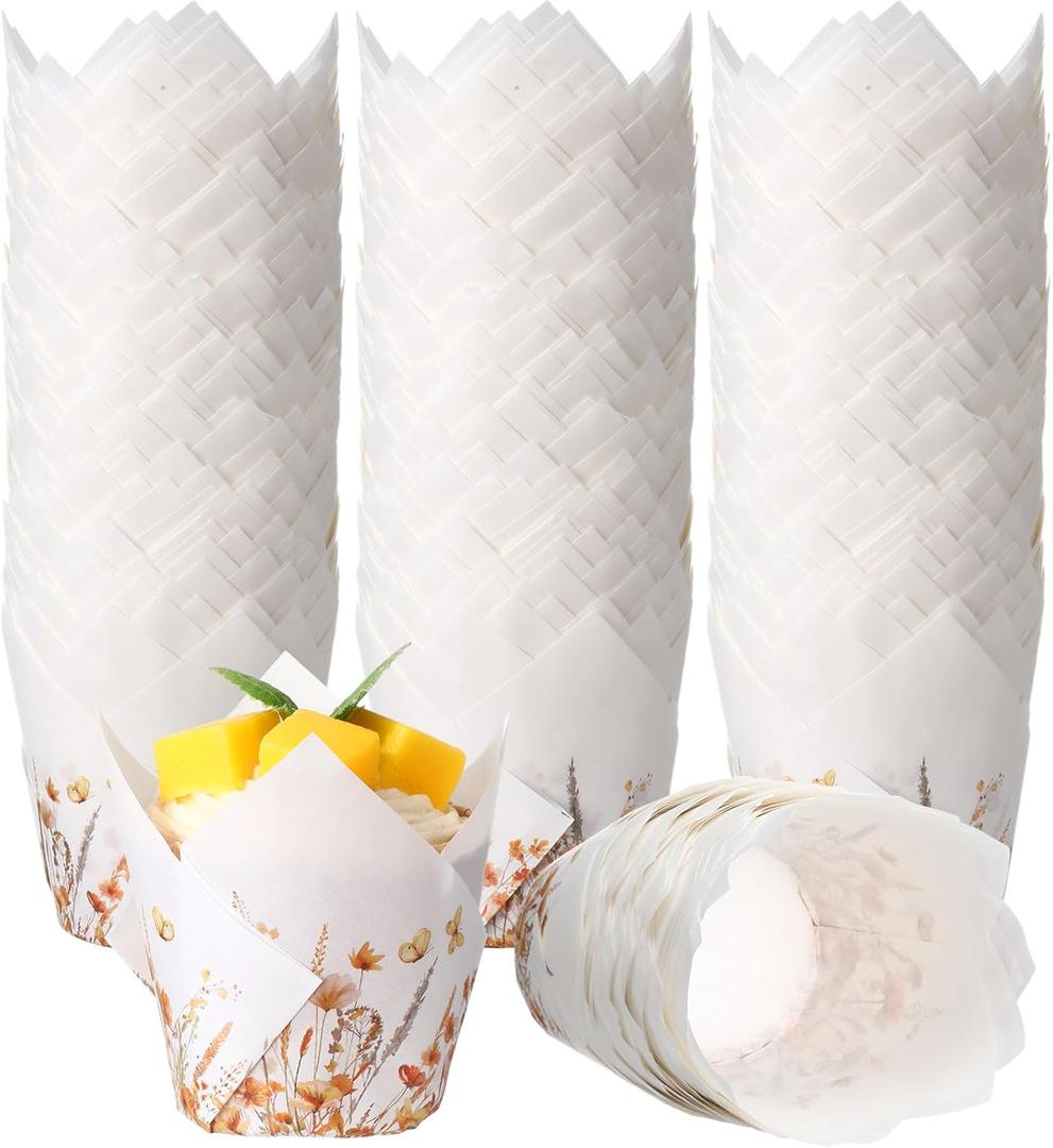 Maxdot 200 Pcs Fall Floral Tulip Cupcake Liners for Baking Autumn Wildflower Paper Muffin Baking Cups Flower Tulip Muffin liners Wrappers for Thanksgiving Baby Shower Wedding Birthday Party Decor (maillard)