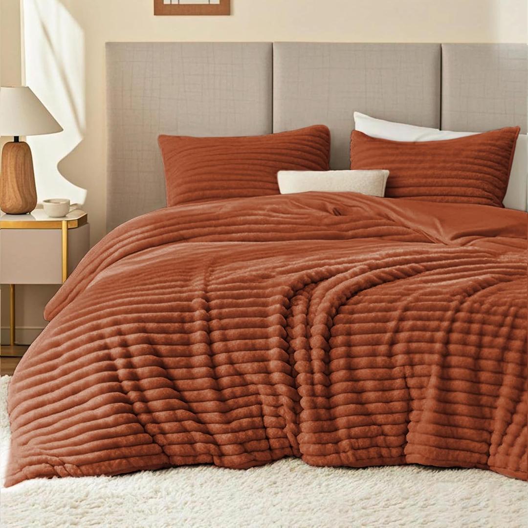 EXQ Home Fluffy Comforter Set King Size - Super Soft Faux Fur Stripe Jacquard Comforter 1 Pieces,Terracotta Fleece Bedding Set,Winter Warm Bed Set,1 Comforter with 2 Pillowcase