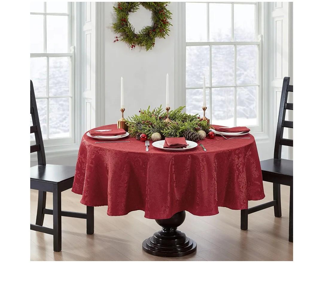Elrene Home Fashions Poinsettia Elegance Jacquard Christmas/Holiday Wrinkle Resistant Dining Tablecloth, 90"X90" Round, Red