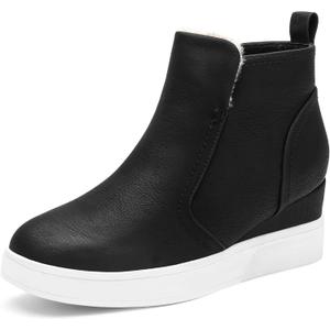 DREAM PAIRS Womens Slip on High Top Wedge Sneakers Hidden Heel Platform Wedgie Ankle Booties (7, Black/Pu)