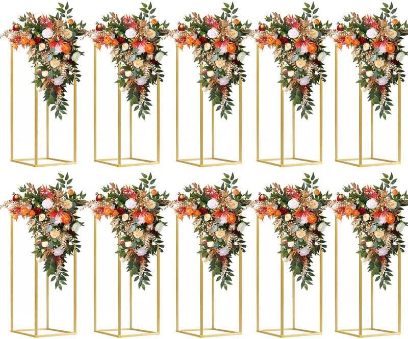 10 pcs 23.6inch/59.9cm High Gold Flower Stand Rack, Gold Metal Vase Column Geometric Centerpiece Stands, Wedding Centerpieces Vases Rectangular Flower Display Rack for Wedding, Party Decoration
