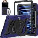 ROISKIN for iPad Pro 12.9 -Inch Case (6th, 5th, 4th & 3rd Gen)with HD Screen Protector, 360 Stand, Handle, Pencil Holder, Shoulder Strap[15ft Drop Protection]Rugged Bulky Full Body 12.9 iPad Pro Case (Ring Stand-Navy Blue)