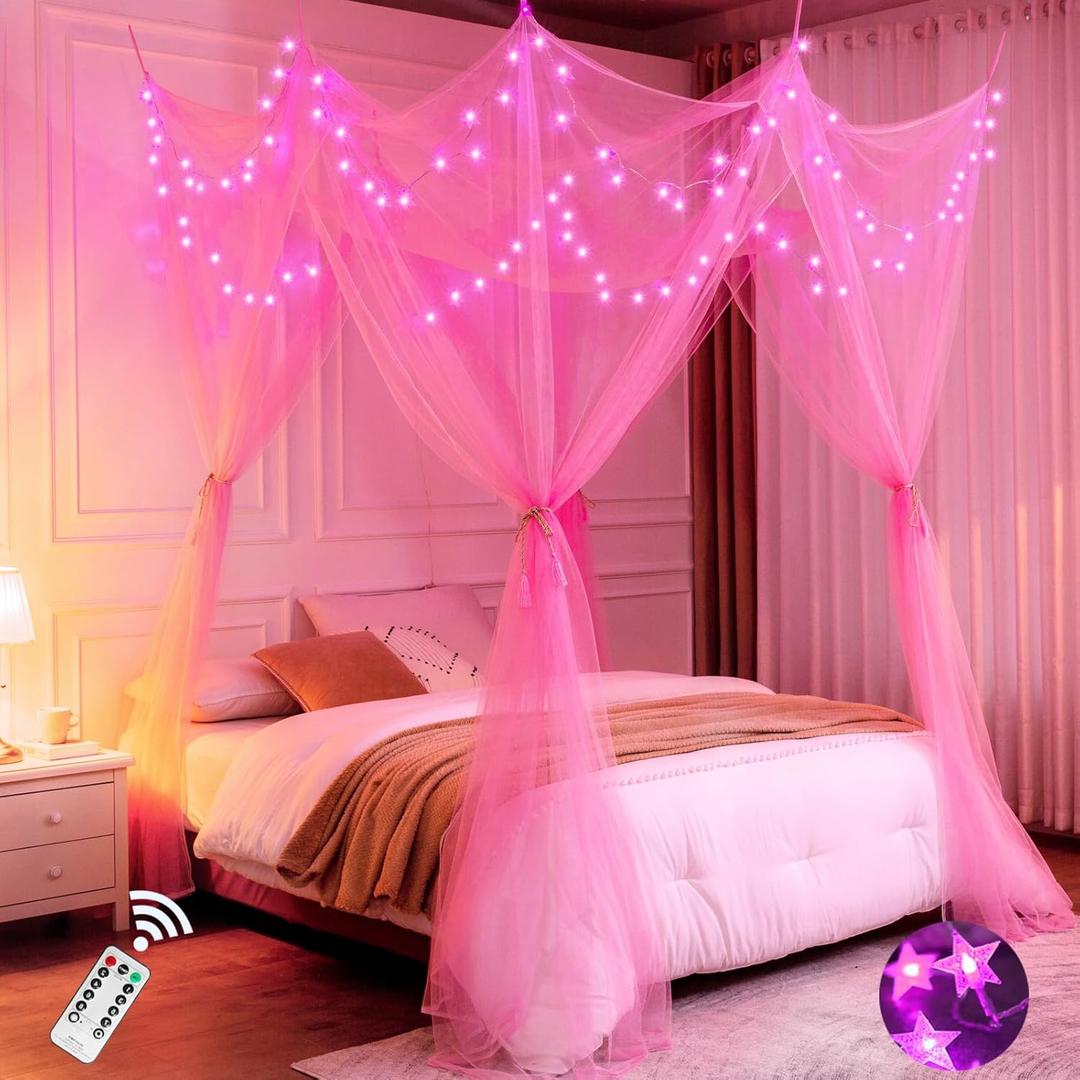 Lovelite Pink Bed Canopy with Lights for Girls, 8 Corners Post Canopy Bed Curtain with Pink LED Star Lights Remote Control for Girls Bedroom, Hanging Princess Canopy for Twin Full Queen King Bed